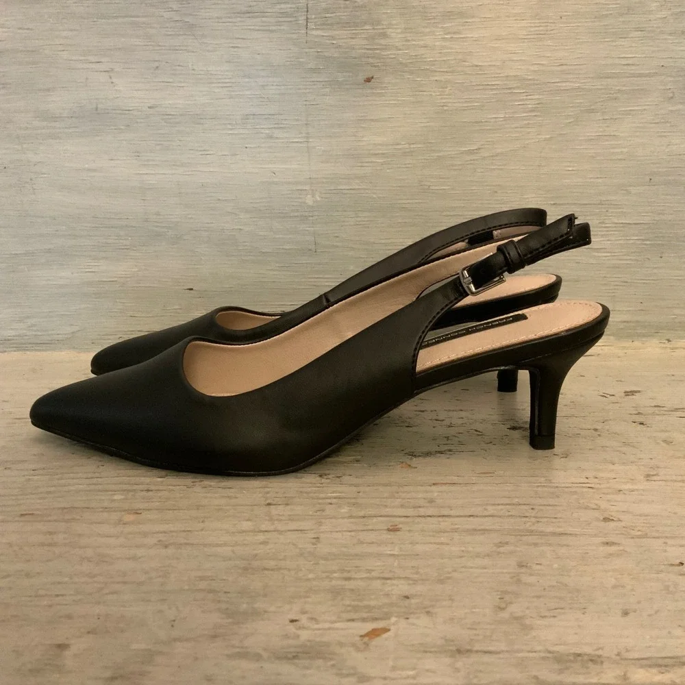 French Connection Faux Leather Matte Black Pointed Toe Slingback Heels Size 8 GC